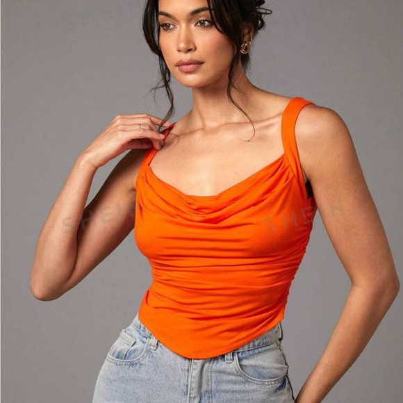 Rebellious Rose Tops - Summer Gathered Camisole Top Orange Draped Tight Sexy Big Backless Women's Tank